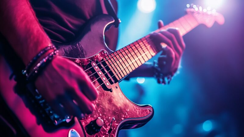 Close-up of a guitarist's hands playing an electric guitar under colorful stage lighting