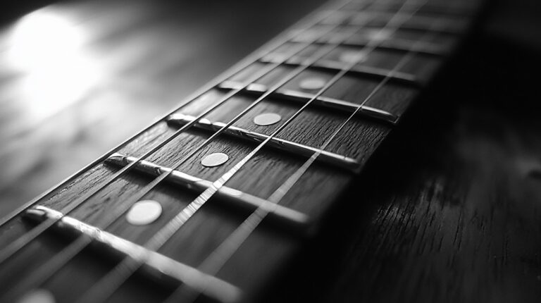 Close-up monochrome photo of a guitar's fretboard, focusing on the metal frets and circular string inlays. The image captures the textured wood grain and the soft reflections on the strings, emphasizing the craftsmanship and detail of the musical instrument.