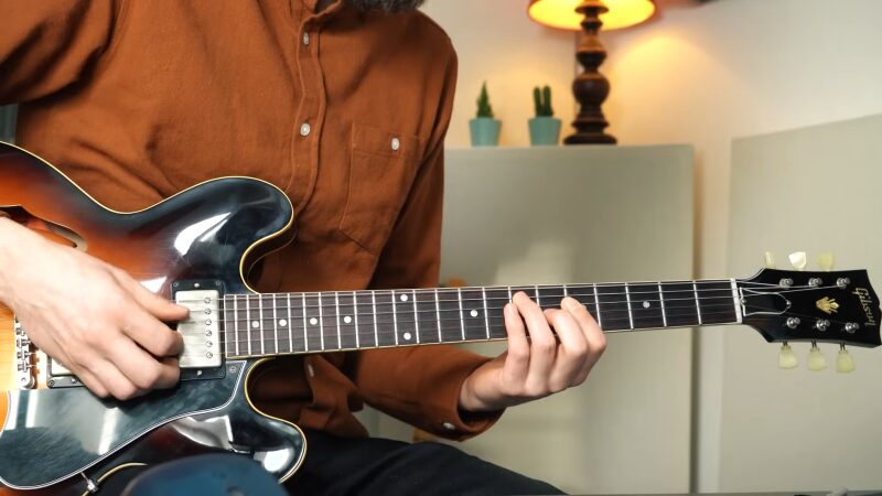 A Guitarist in A Brown Shirt Plays a Chord on A Black Electric Guitar in A Warmly Lit Room Decorated with Cacti