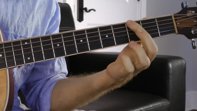 A Close-Up of A Guitarist's Hand Forming a Chord on The Fretboard of An Acoustic Guitar