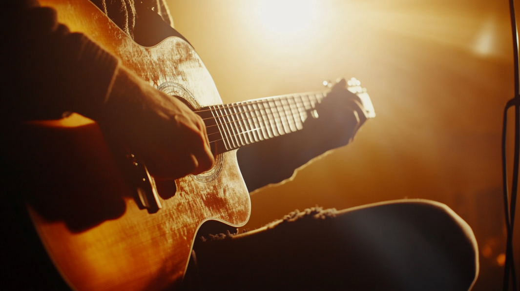 A Guitarist Plays an Acoustic Guitar, Illuminated by A Warm, Golden Light that Highlights the Detailed Texture of The Instrument