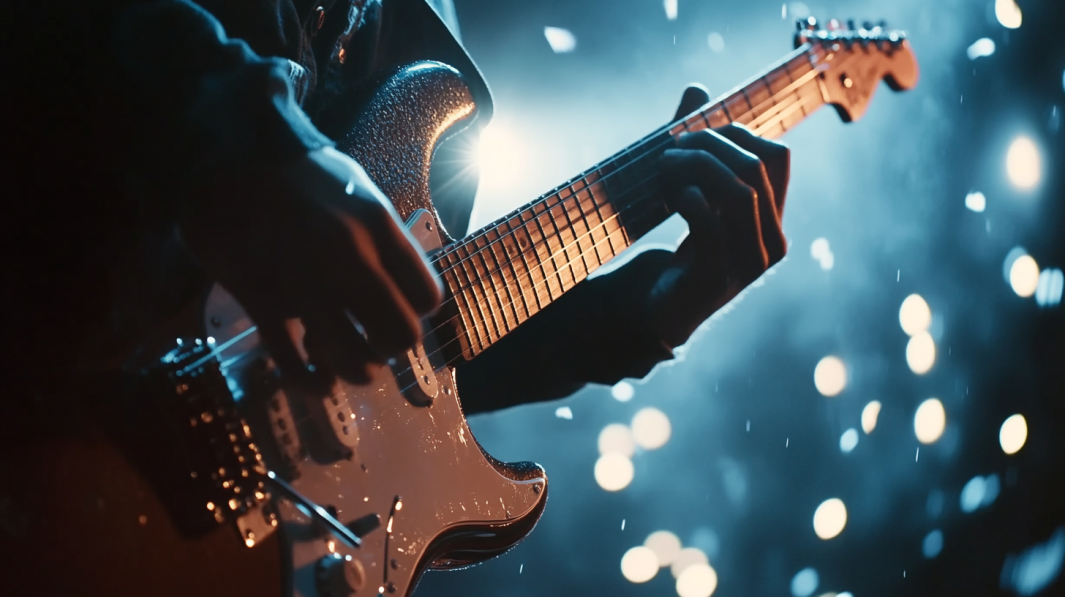 A Guitarist Plays an Electric Guitar Under Moody Stage Lighting, with Fingers Positioned on The Fretboard