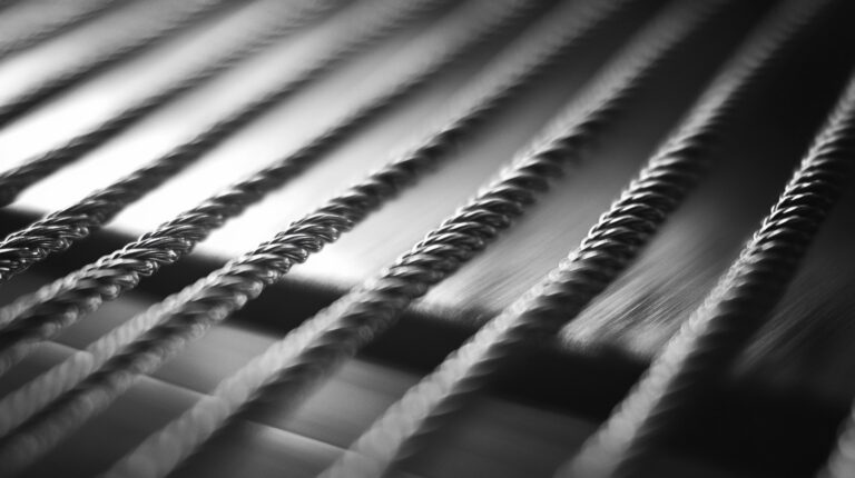 Close-up image of multiple guitar strings arranged in parallel, showcasing their intricate textures and metallic sheen against a blurred background.