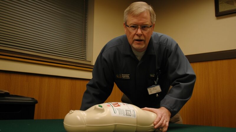 A middle-aged man instructing CPR techniques on a training mannequin in a classroom setting