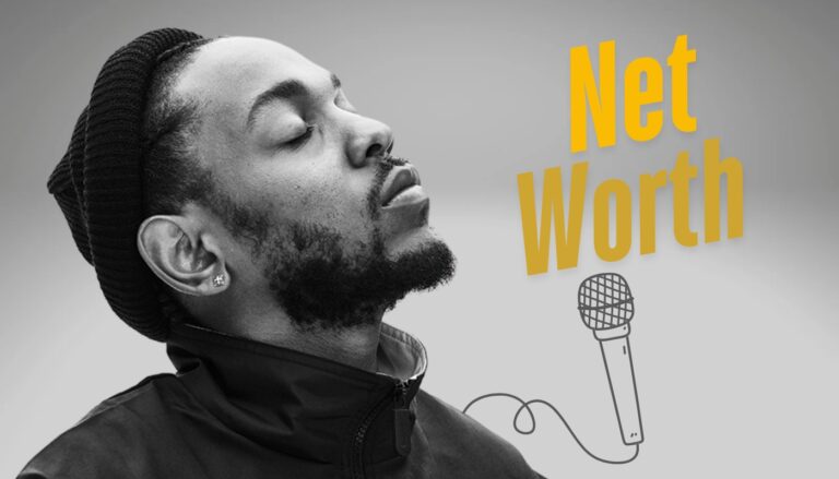 Black and white portrait of a man with a beanie and closed eyes, with 'Net Worth' text and a microphone illustration