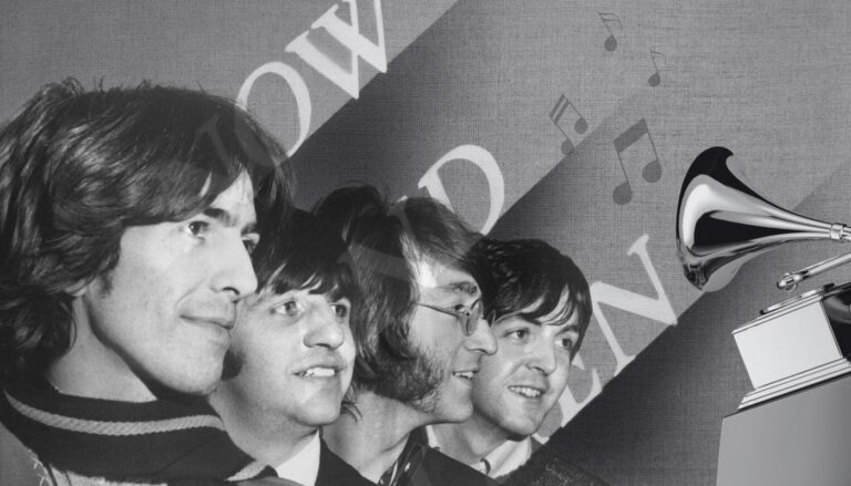 Black-and-white image of four band members with a Grammy trophy and musical notes in the background