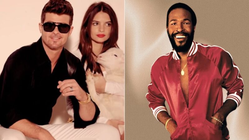 Robin Thicke on one side of the photo, Marvin Gaye on the other