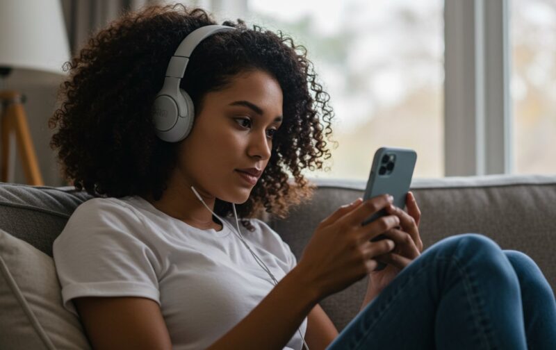 A woman wearing headphones, listening to live podcast on her couch