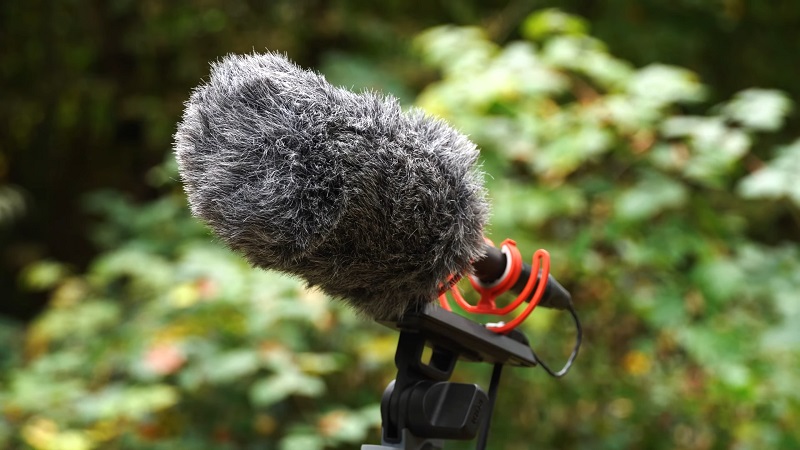Shotgun microphone with furry windscreen mounted on a tripod, used for outdoor field recordings