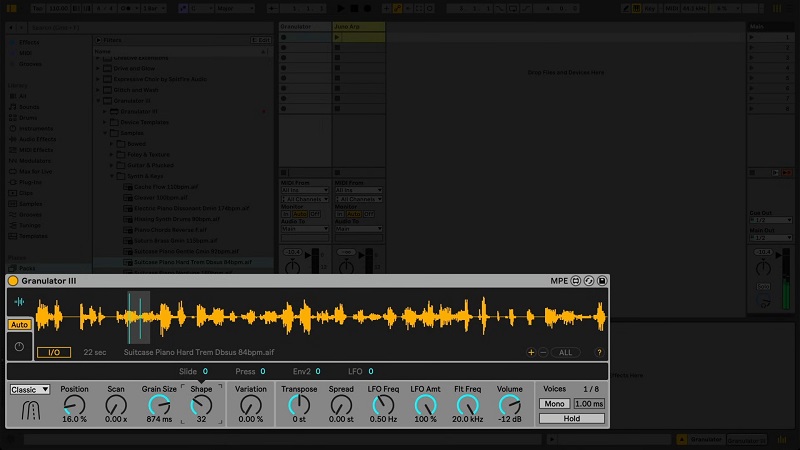 Screenshot of the Granulator III software interface displayed within Ableton Live, used for granular synthesis in audio production