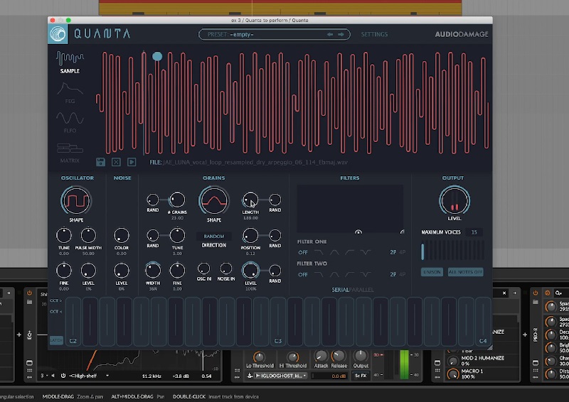Interface of the Quanta software instrument displayed in a digital audio workstation, designed for granular synthesis and sound sample manipulation.