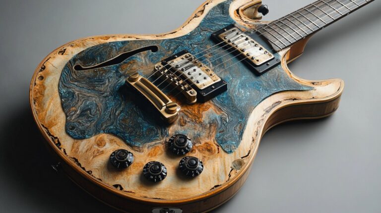 Close-up of a semi-hollow electric guitar featuring upgraded hardware and a swirled wood-resin finish