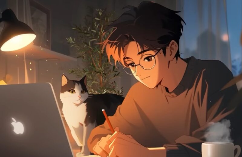 A young man, engrossed in work, surrounded by a cozy atmosphere