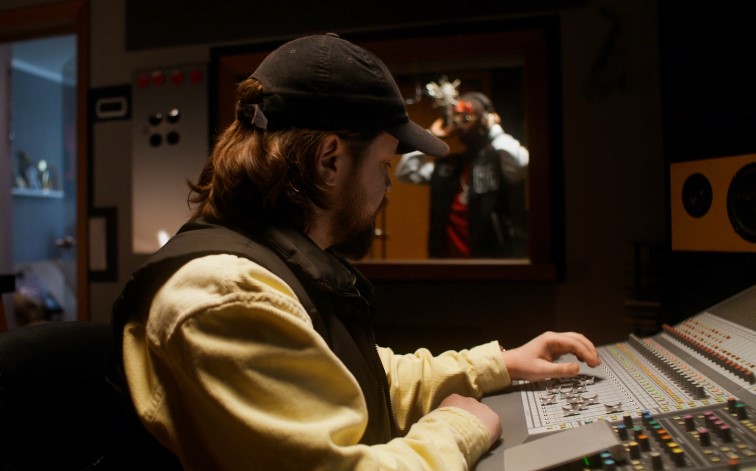 A sound engineer meticulously adjusts the mixing console