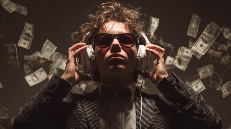 Young music producer wearing headphones and sunglasses, surrounded by floating dollar bills
