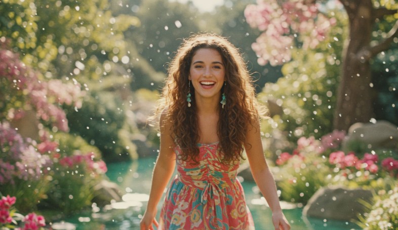 A joyful woman in a floral dress, bathed in sunlight and surrounded by blooming flowers