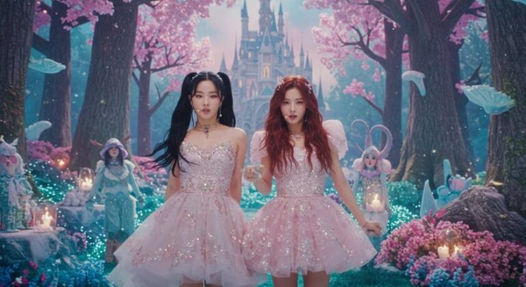 Two figures in pastel pink ball gowns stroll through a magical forest
