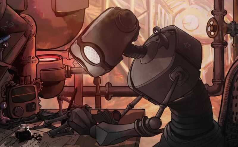 A steampunk robot meticulously works at a cluttered workbench
