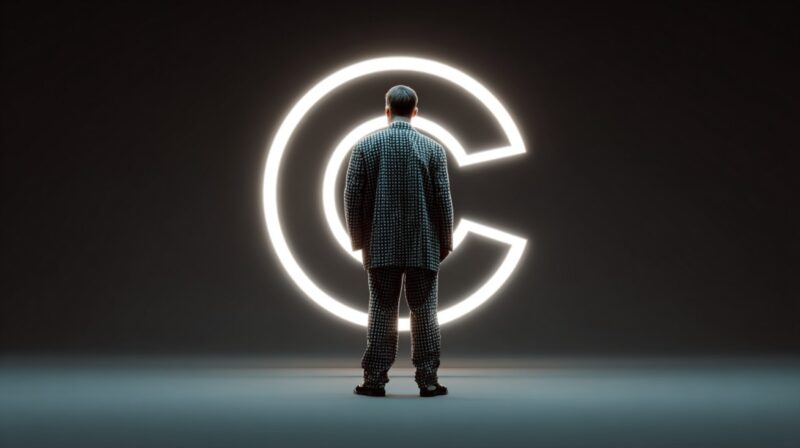 A man stands facing a large glowing copyright symbol in a dark room