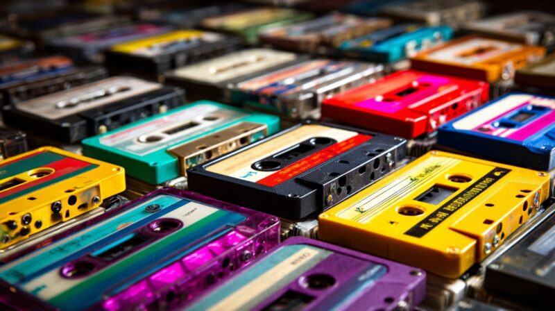 Colorful vintage cassette tapes arranged in rows