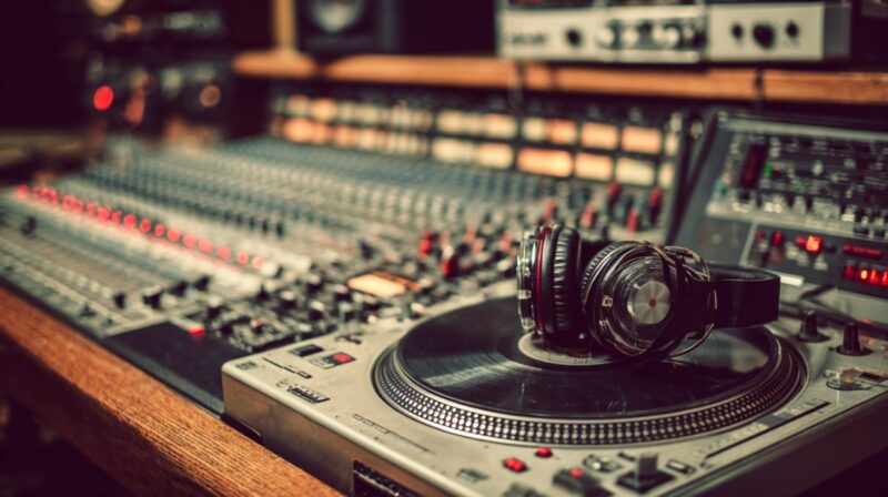 DJ turntable with headphones placed on a vinyl record in a professional music studio