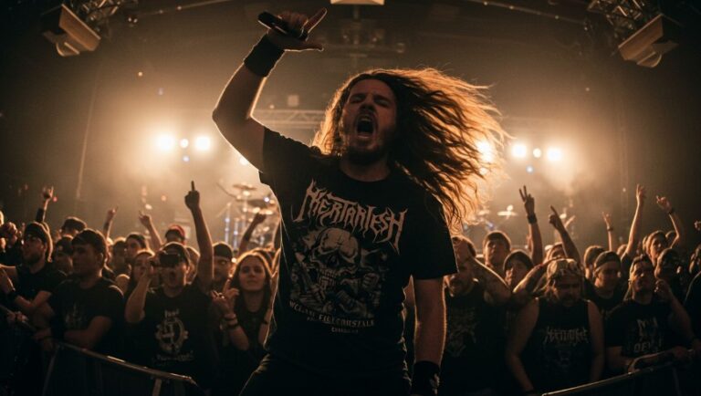 A metal band unleashes their energy on stage, captivating the crowd