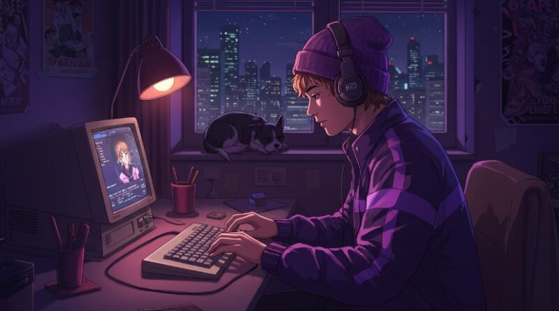 A young person engrossed in work at a vintage computer desk