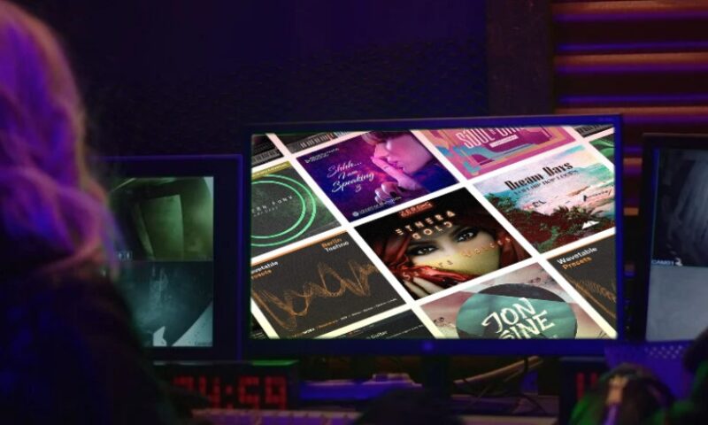 A digital music production workstation displays a variety of album cover designs