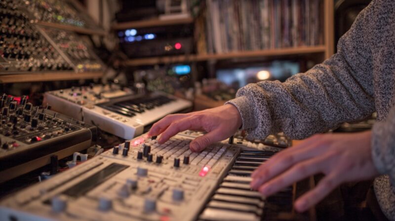 Music producer using a sampler and keyboard in a home studio