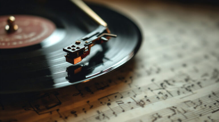 Close-up of a record player needle on a vinyl record with sheet music in the background