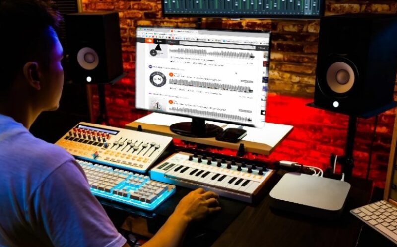 Focused audio engineer meticulously adjusting sound levels on a digital audio workstation