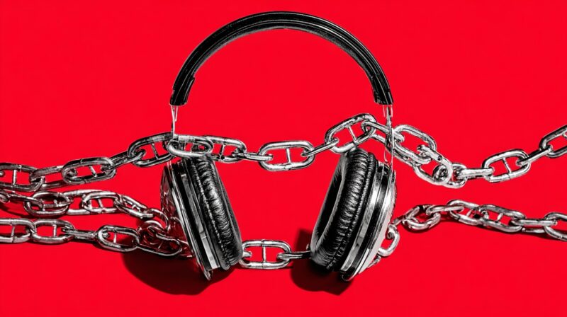 Black headphones tangled in metal chains against a bright red background, symbolizing copyright restrictions in music