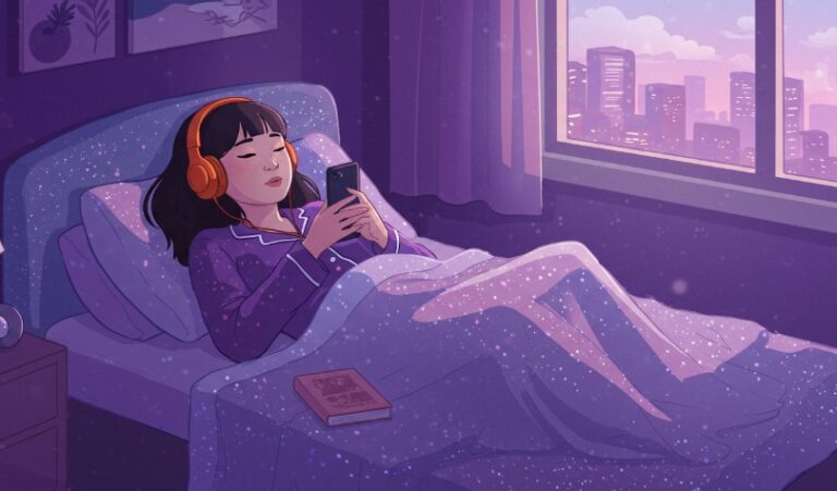 A young woman relaxes in bed, listening to music and scrolling through her phone