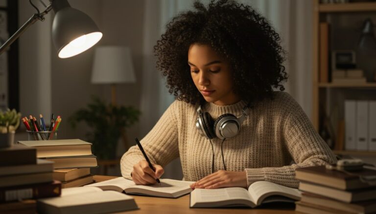 Focused student diligently taking notes at a desk laden with books