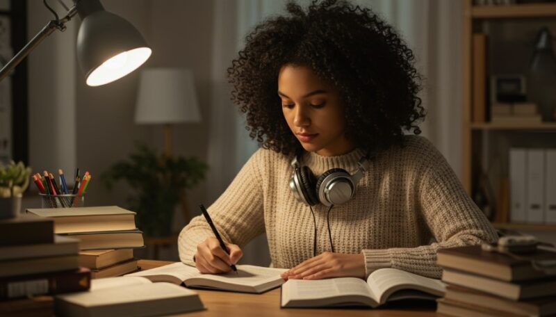 Focused student diligently taking notes at a desk laden with books