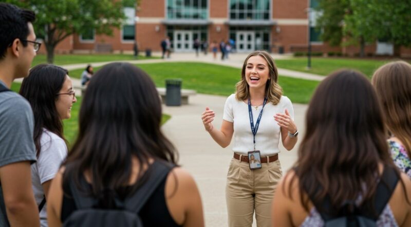 A tour leader shares the campus's history