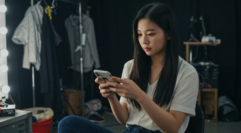 A young woman engrossed in her phone, likely checking messages or social media
