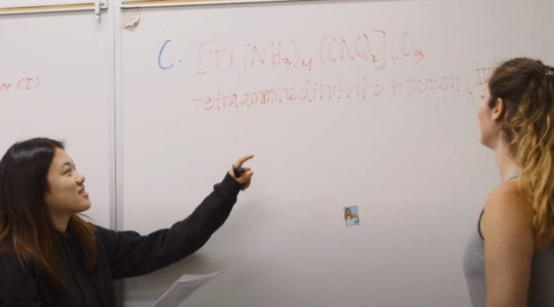 Two students engage in a focused discussion, pointing to complex chemical formulas on a whiteboard