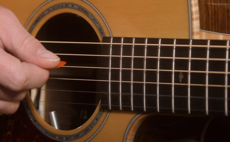 A finger with a pick gently touches a guitar string