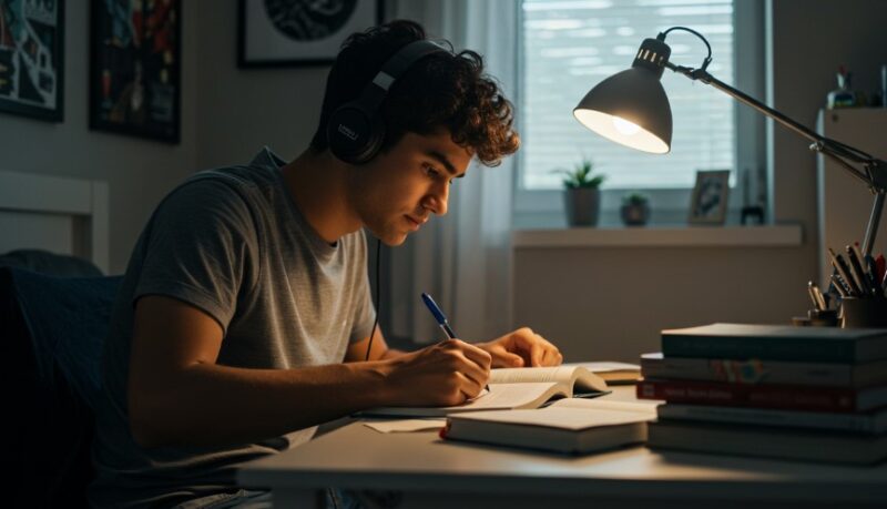 A student engrossed in his work, surrounded by books