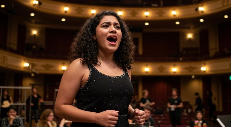 A young woman passionately performs on stage, her voice filling the grand theater