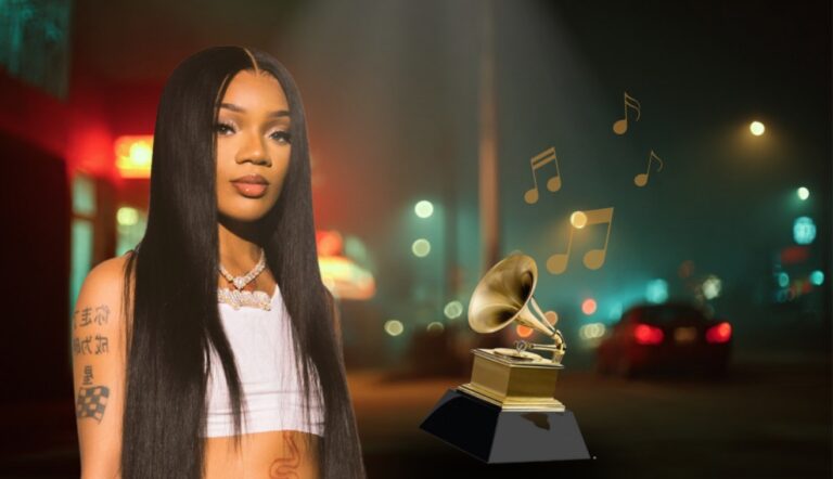 A woman posing confidently beside a Grammy trophy illustration with music notes floating around