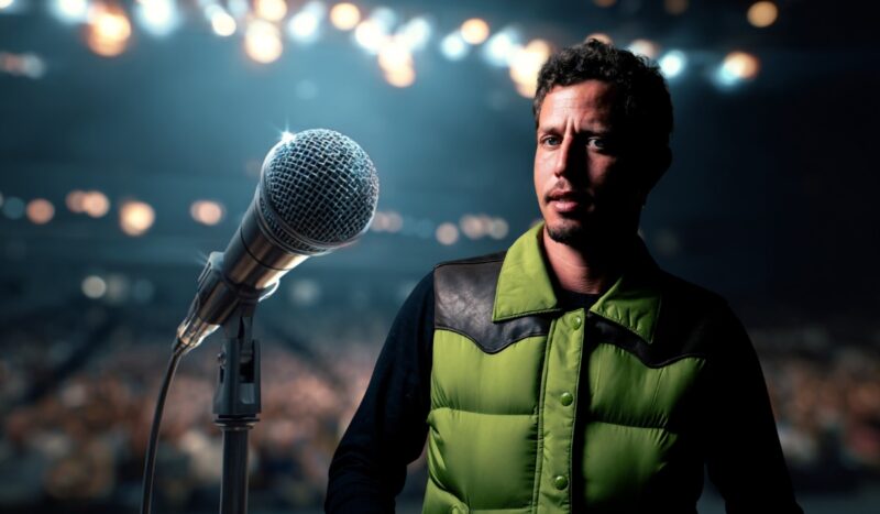 Man standing near a microphone on stage wearing a green vest, with blurred audience lights in the background