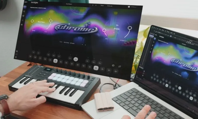 A person playing music on a laptop, focused on the keyboard and screen