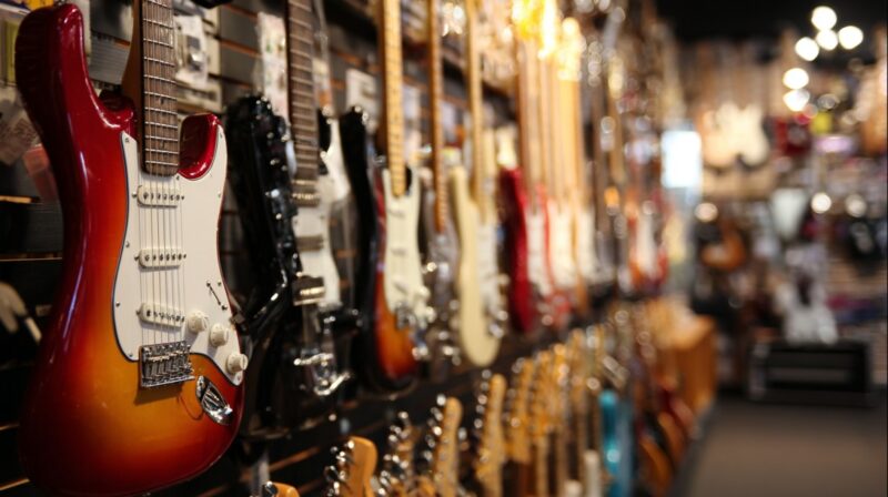 Row of electric guitars hanging in a music store