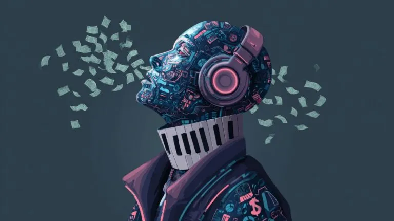 Illustration of a futuristic figure with headphones and a keyboard collar surrounded by floating dollar bills