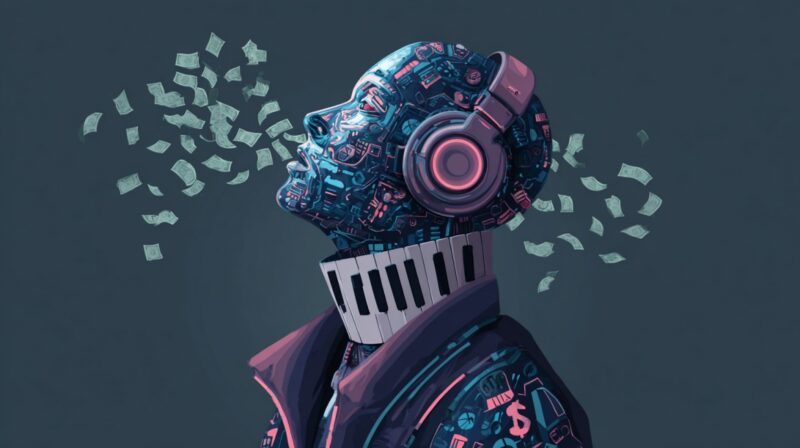 Illustration of a futuristic figure with headphones and a keyboard collar surrounded by floating dollar bills