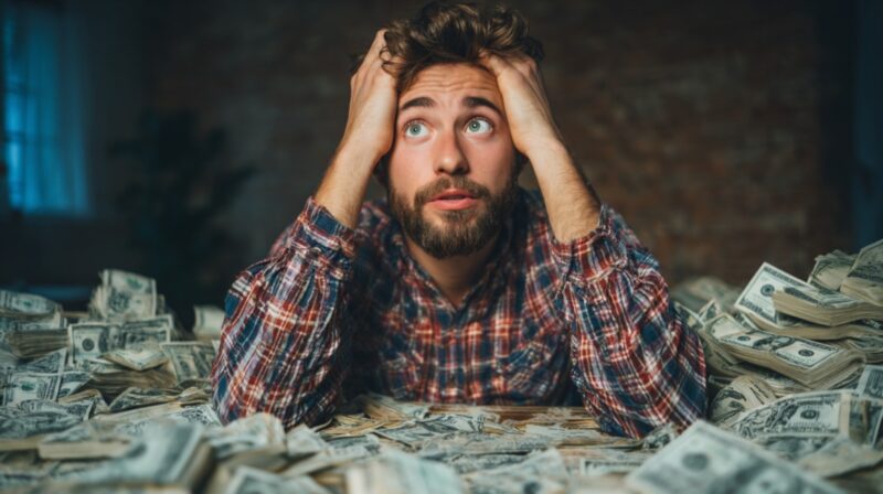 A worried man sitting among piles of money, holding his head in frustration