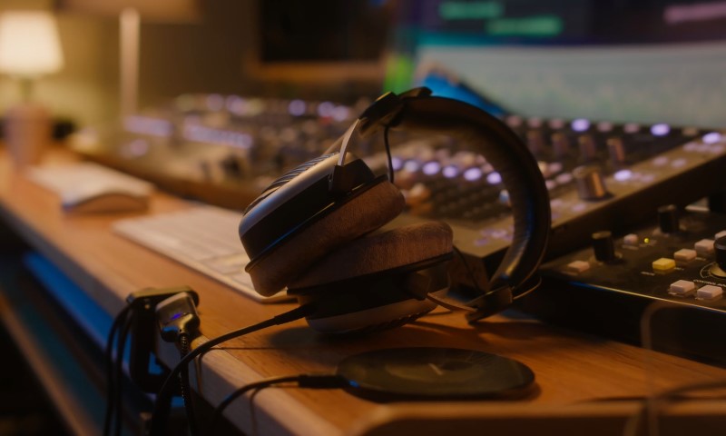 A pair of headphones rests on a desk in a recording studio