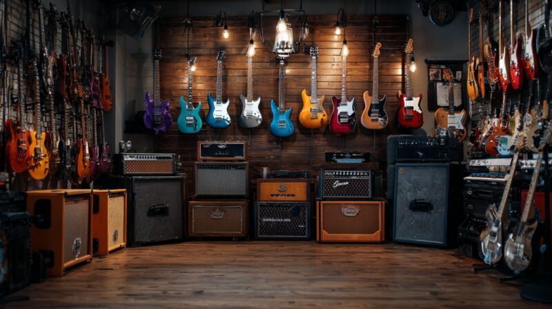 Wall of colorful electric guitars with amplifiers in a music store